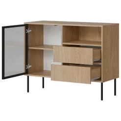 Madie|Credenze > Dmora Credenza Marrone Nero 2 Cassetti 2 Ripiani 100x40x80h cm, Apertura Battente, Scorrevole - Caravino Nero, Marrone