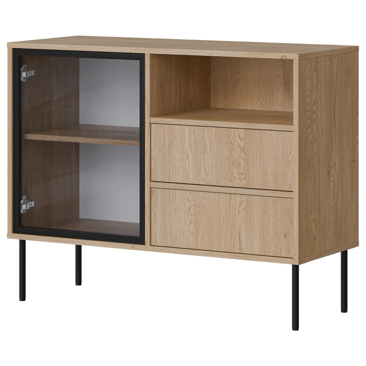 Madie|Credenze > Dmora Credenza Marrone Nero 2 Cassetti 2 Ripiani 100x40x80h cm, Apertura Battente, Scorrevole - Caravino Nero, Marrone