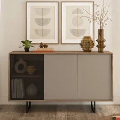 Madie|Credenze > Dmora Credenza Marrone Noce Beige Cassetti 3 Ripiani 184x40x87h cm, Apertura Battente - Capena Beige Cashmere, Marrone Noce