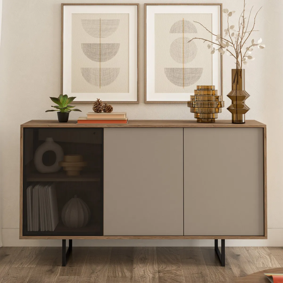 Madie|Credenze > Dmora Credenza Marrone Noce Beige Cassetti 3 Ripiani 184x40x87h cm, Apertura Battente - Capena Beige Cashmere, Marrone Noce