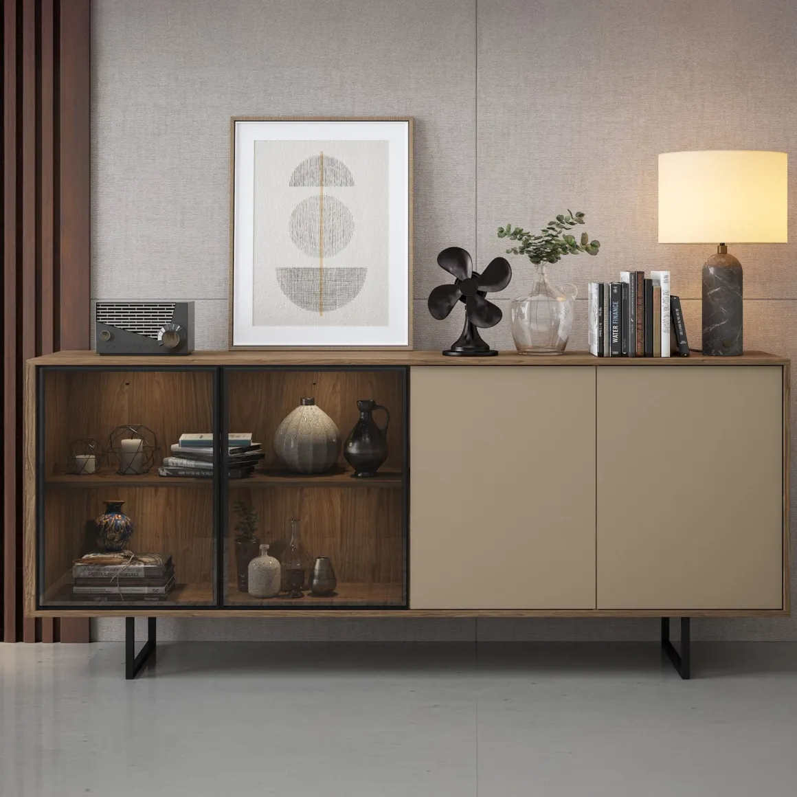 Credenza Marrone Noce Beige Cassetti 3 Ripiani 200x40x87h cm, Apertura Battente - Malnate