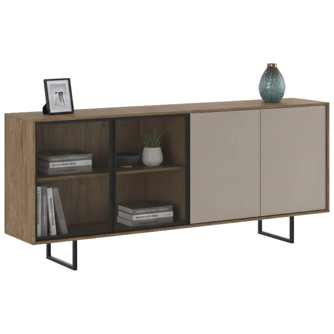 Credenza Marrone Noce Beige Cassetti 3 Ripiani 200x40x87h cm, Apertura Battente - Malnate