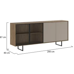 Credenza Marrone Noce Beige Cassetti 3 Ripiani 200x40x87h cm, Apertura Battente - Malnate
