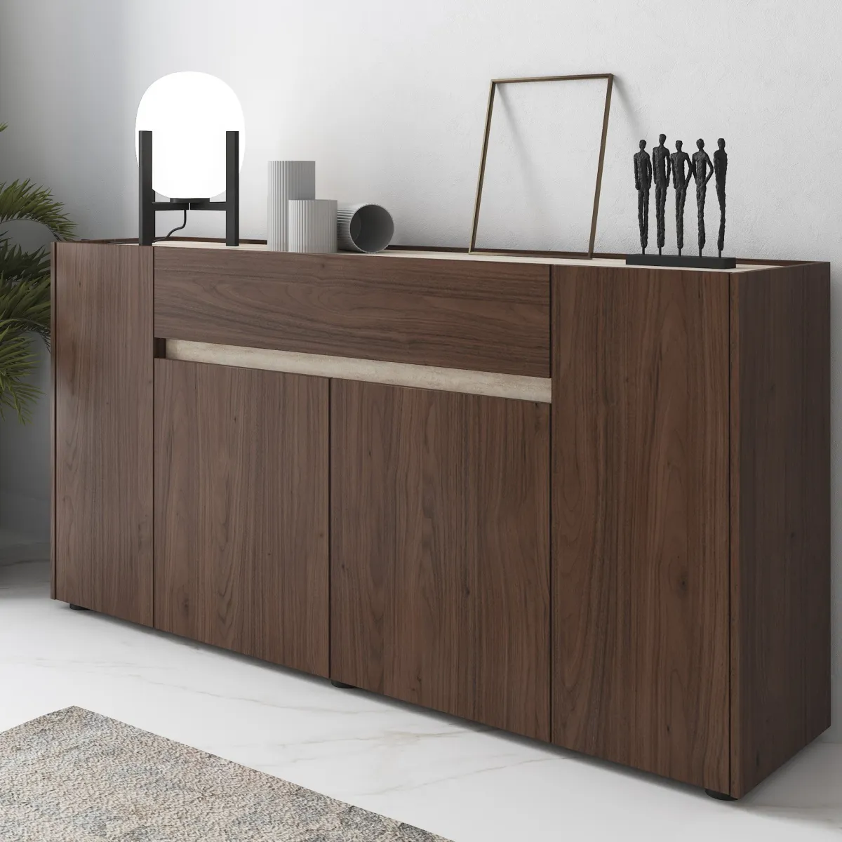 Madie|Credenze > Dmora Credenza Marrone Noce Beige un Cassetto Apertura Battente, Scorrevole 170x40x85h cm, 4 Ante - Cirimido Beige, Marrone Noce
