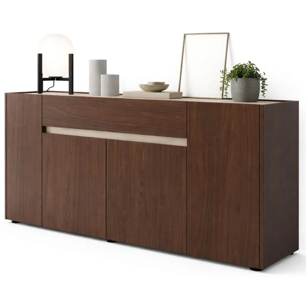 Madie|Credenze > Dmora Credenza Marrone Noce Beige un Cassetto Apertura Battente, Scorrevole 170x40x85h cm, 4 Ante - Cirimido Beige, Marrone Noce