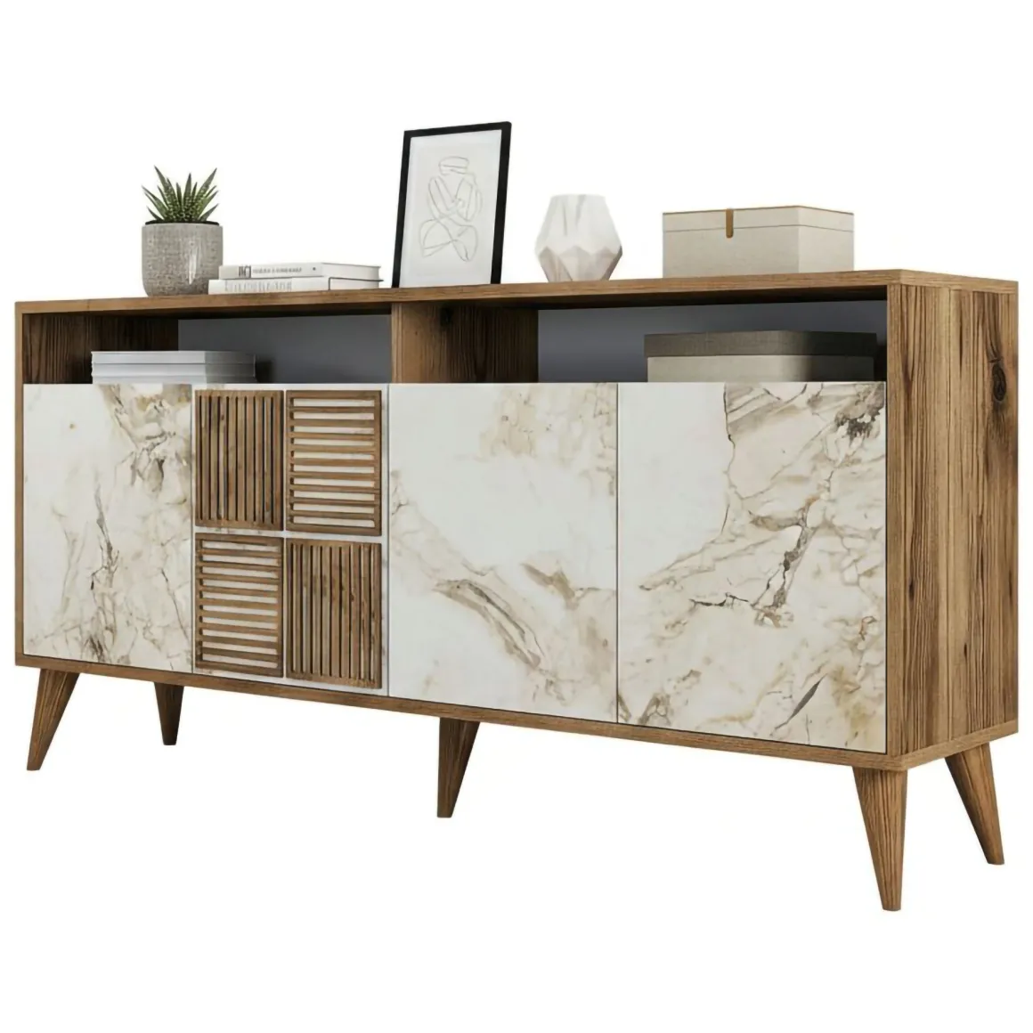 Credenza Marrone Noce Bianco Marmo Cassetti 2 Ripiani 160x35x78h cm, Apertura Battente - Benjamin
