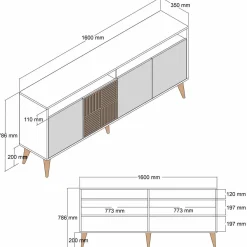 Credenza Marrone Noce Bianco Marmo Cassetti 2 Ripiani 160x35x78h cm, Apertura Battente - Benjamin