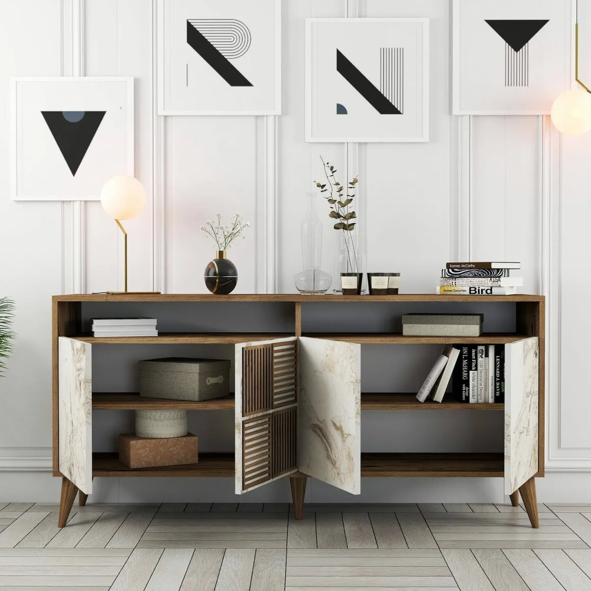 Credenza Marrone Noce Bianco Marmo Cassetti 2 Ripiani 160x35x78h cm, Apertura Battente - Benjamin