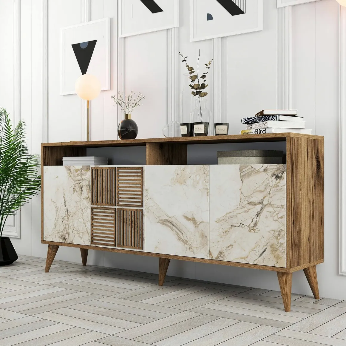 Credenza Marrone Noce Bianco Marmo Cassetti 2 Ripiani 160x35x78h cm, Apertura Battente - Benjamin
