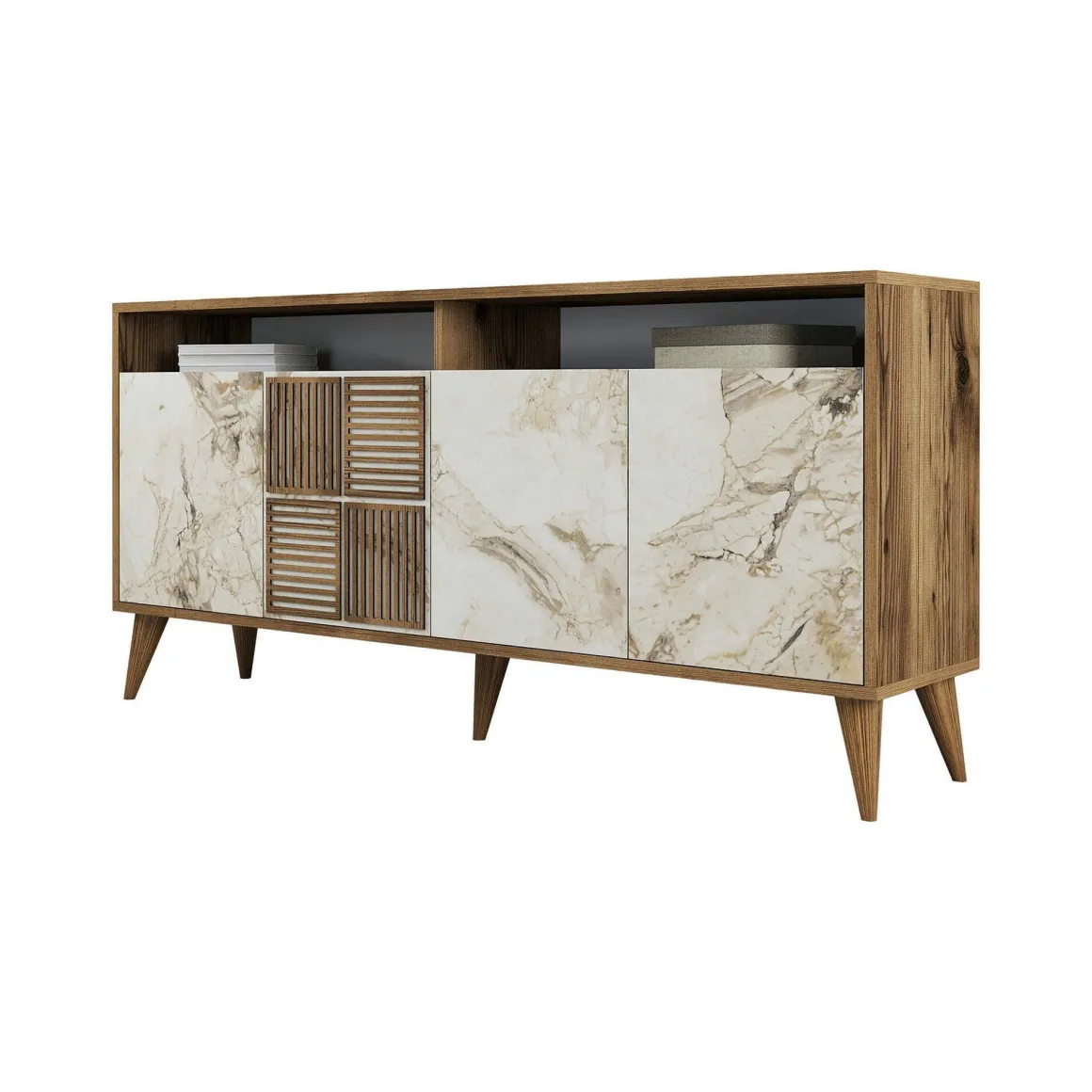 Credenza Marrone Noce Bianco Marmo Cassetti 2 Ripiani 160x35x78h cm, Apertura Battente - Benjamin