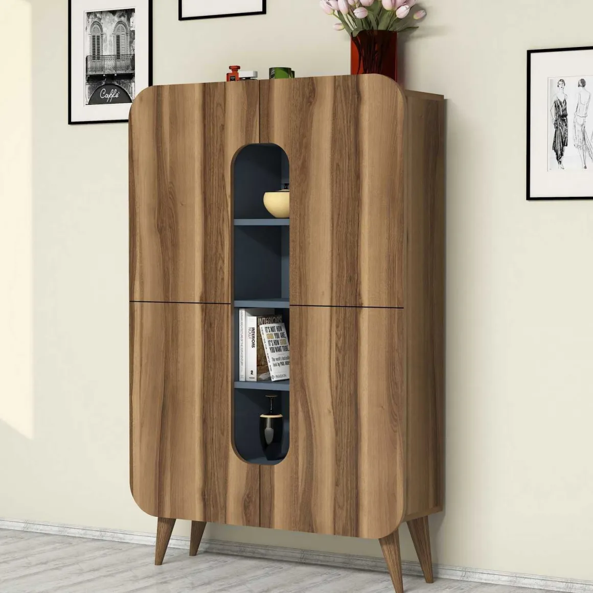 Credenza Marrone Noce blu 7 Ripiani 10 Vani 93x32x144h cm, 2 Ante - Paularo