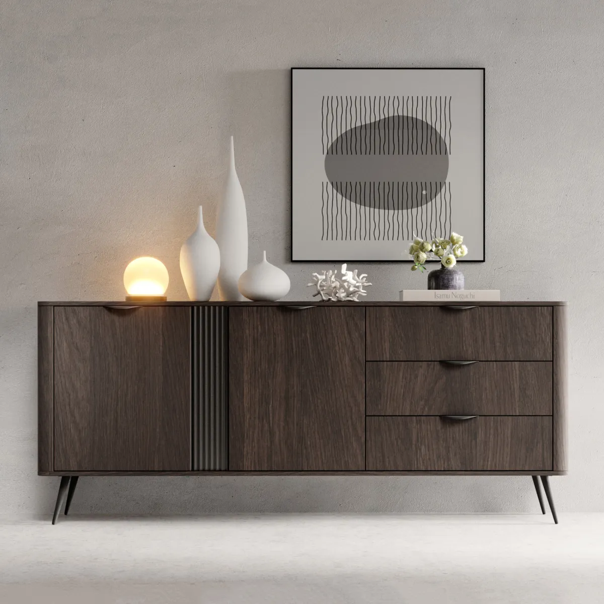 Credenze > Dmora Credenza 3 Cassetti 2 Ripiani 195x38x81h cm, Apertura Battente, Scorrevole - Kabatiti Marrone Noce