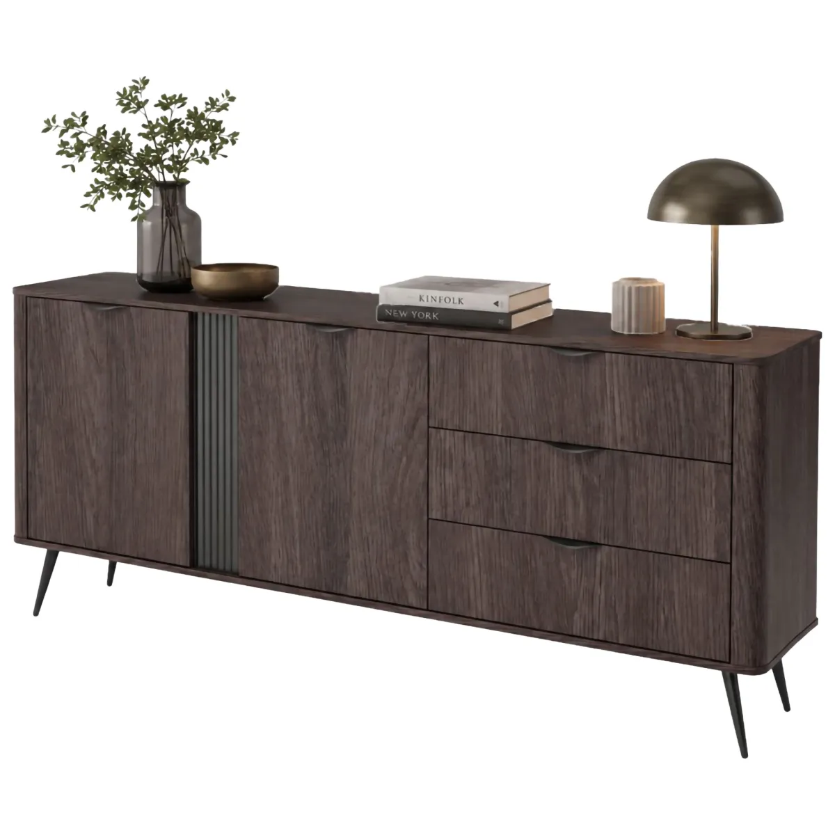 Credenze > Dmora Credenza 3 Cassetti 2 Ripiani 195x38x81h cm, Apertura Battente, Scorrevole - Kabatiti Marrone Noce