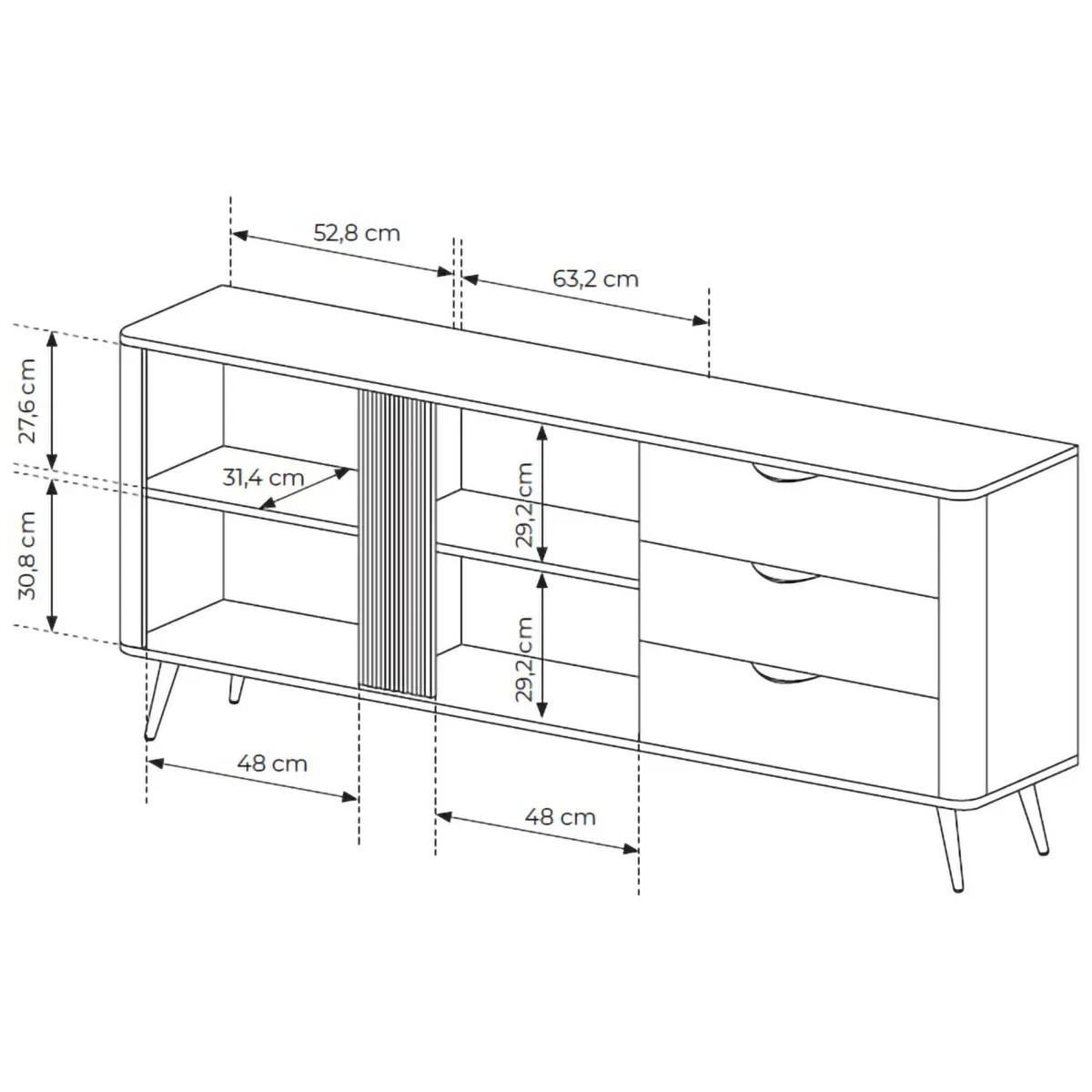 Credenze > Dmora Credenza 3 Cassetti 2 Ripiani 195x38x81h cm, Apertura Battente, Scorrevole - Kabatiti Marrone Noce