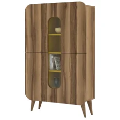 Madie|Credenze > Dmora Credenza Marrone Noce Giallo 7 Ripiani 10 Vani 93x32x144h cm, 2 Ante - Paularo Giallo, Marrone Noce