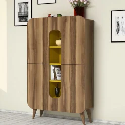Madie|Credenze > Dmora Credenza Marrone Noce Giallo 7 Ripiani 10 Vani 93x32x144h cm, 2 Ante - Paularo Giallo, Marrone Noce