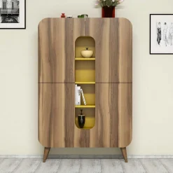 Madie|Credenze > Dmora Credenza Marrone Noce Giallo 7 Ripiani 10 Vani 93x32x144h cm, 2 Ante - Paularo Giallo, Marrone Noce