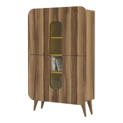 Madie|Credenze > Dmora Credenza Marrone Noce Giallo 7 Ripiani 10 Vani 93x32x144h cm, 2 Ante - Paularo Giallo, Marrone Noce