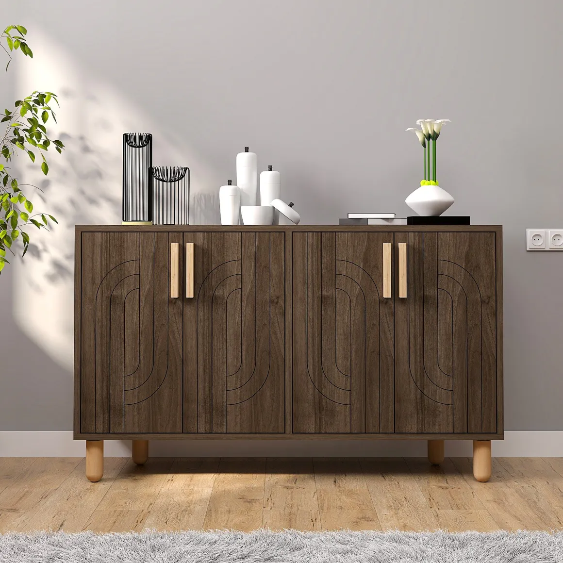 Madie|Credenze > Dmora Credenza Marrone Noce Marrone Rovere 3 Cassetti 2 Ripiani 181x44x84h cm, 2 Ante - Carinola Marrone Rovere, Marrone Noce