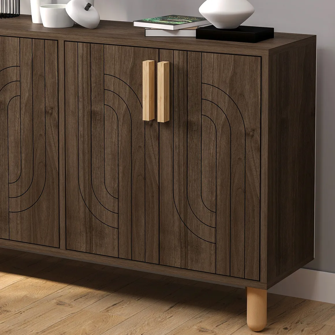Madie|Credenze > Dmora Credenza Marrone Noce Marrone Rovere 3 Cassetti 2 Ripiani 181x44x84h cm, 2 Ante - Carinola Marrone Rovere, Marrone Noce