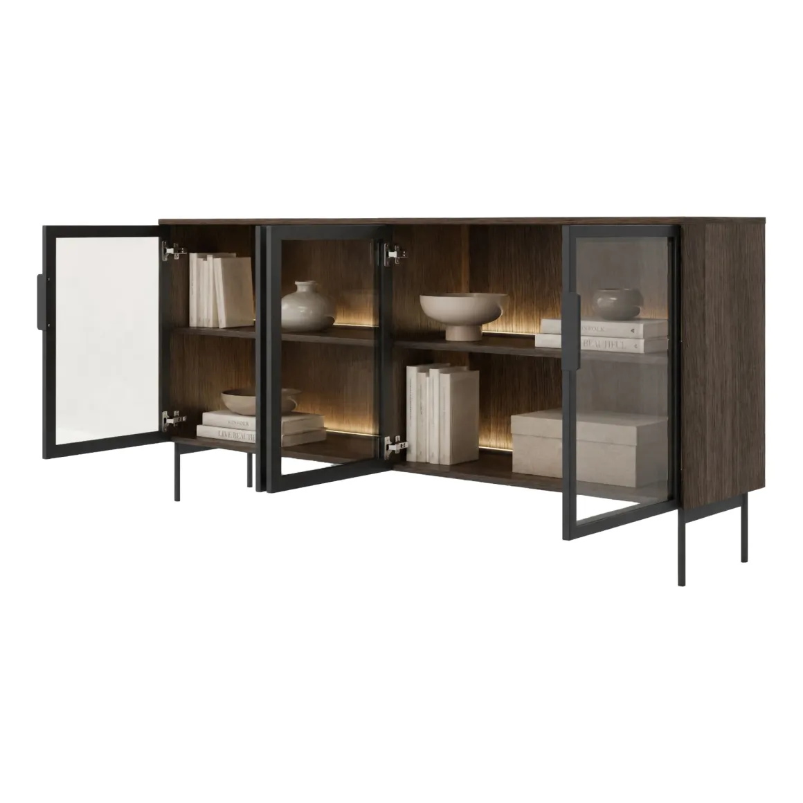 Credenza Marrone Noce Nero Antracite 2 Ripiani Apertura Battente 181x39x83h cm, 4 Ante - Hapa