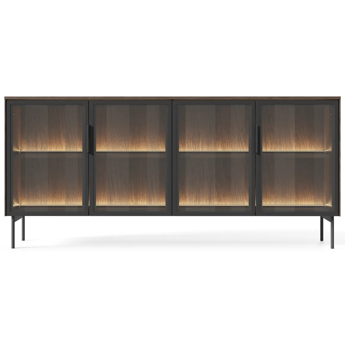 Credenza Marrone Noce Nero Antracite 2 Ripiani Apertura Battente 181x39x83h cm, 4 Ante - Hapa
