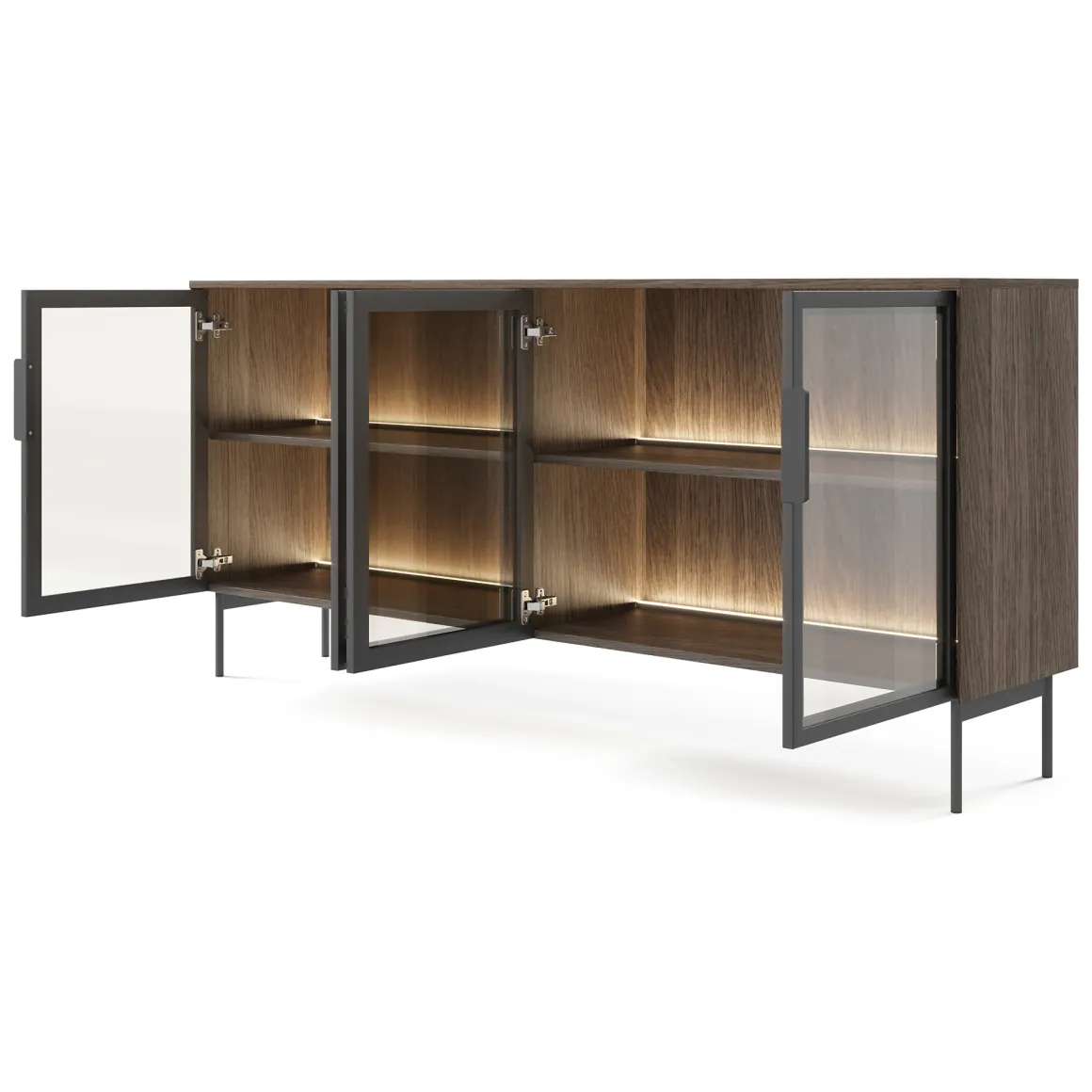 Credenza Marrone Noce Nero Antracite 2 Ripiani Apertura Battente 181x39x83h cm, 4 Ante - Hapa
