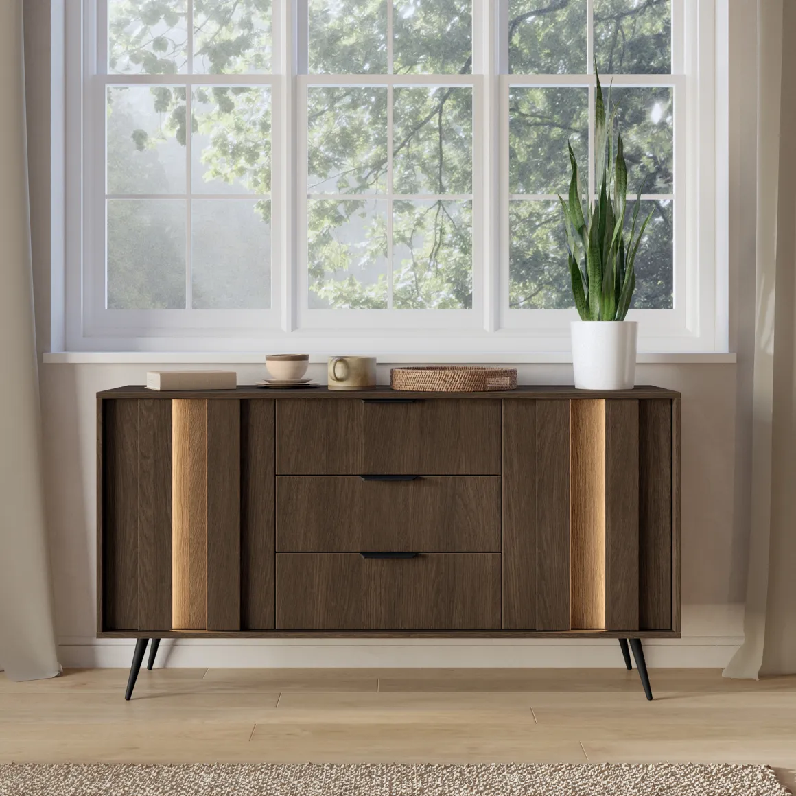 Credenza Marrone Noce Nero 3 Cassetti 2 Ripiani 154x40x87h cm, Apertura Battente, Scorrevole - Hahasasi