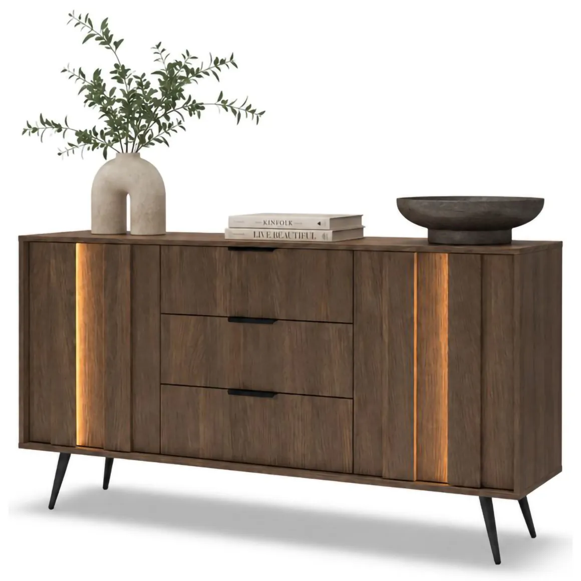 Credenza Marrone Noce Nero 3 Cassetti 2 Ripiani 154x40x87h cm, Apertura Battente, Scorrevole - Hahasasi