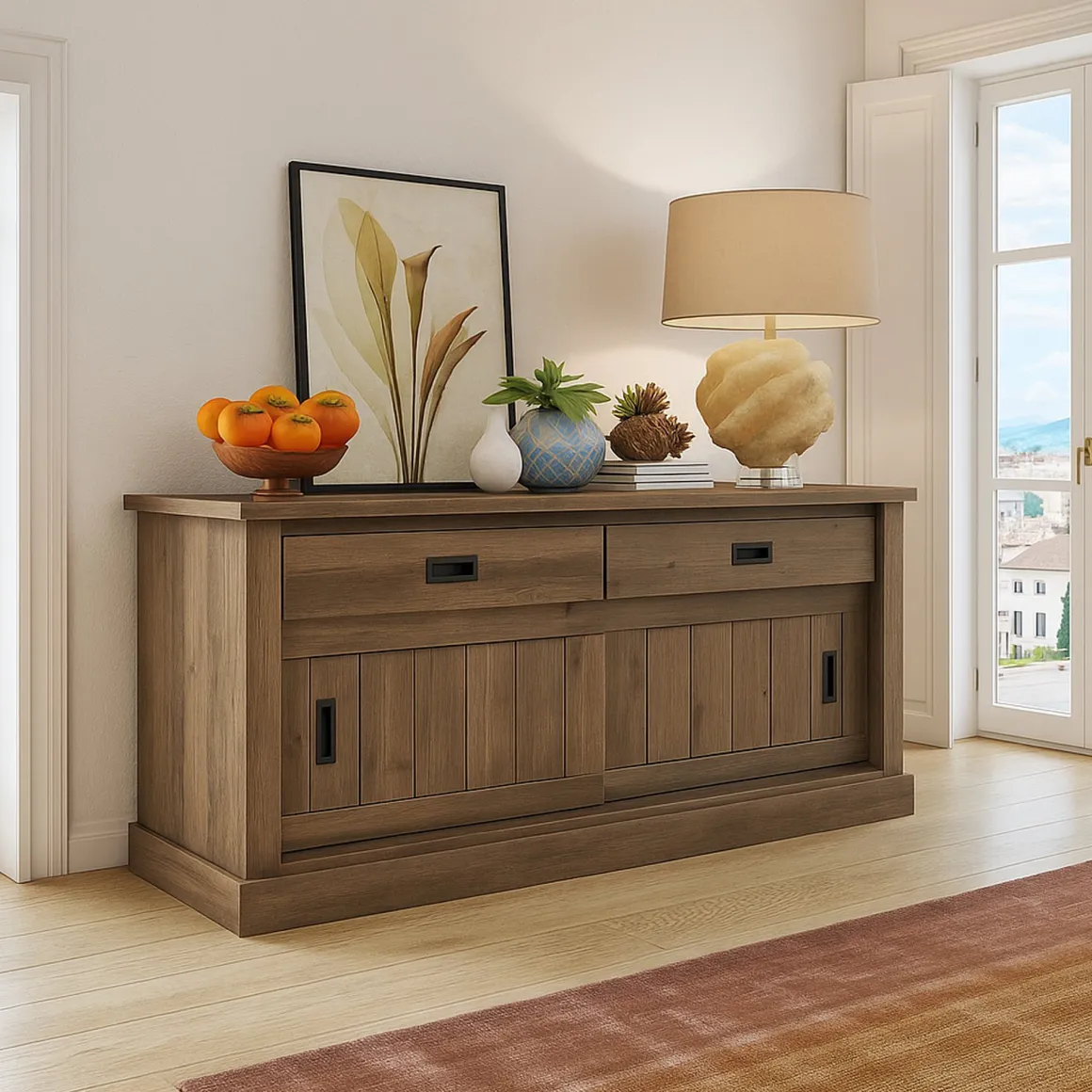 Credenza Marrone Noce 2 Ripiani 2 Cassetti 138x50x95h cm, 2 Ante - Lupara