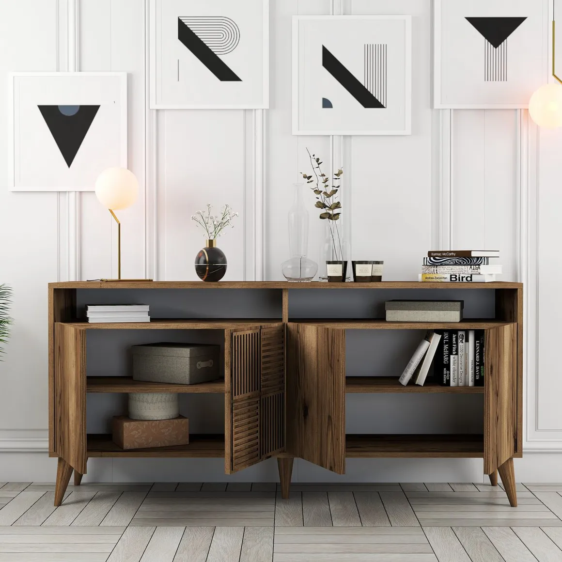 Credenza Marrone Noce 2 Ripiani 4 Ante 160x35x78h cm, 6 Vani - Thuile