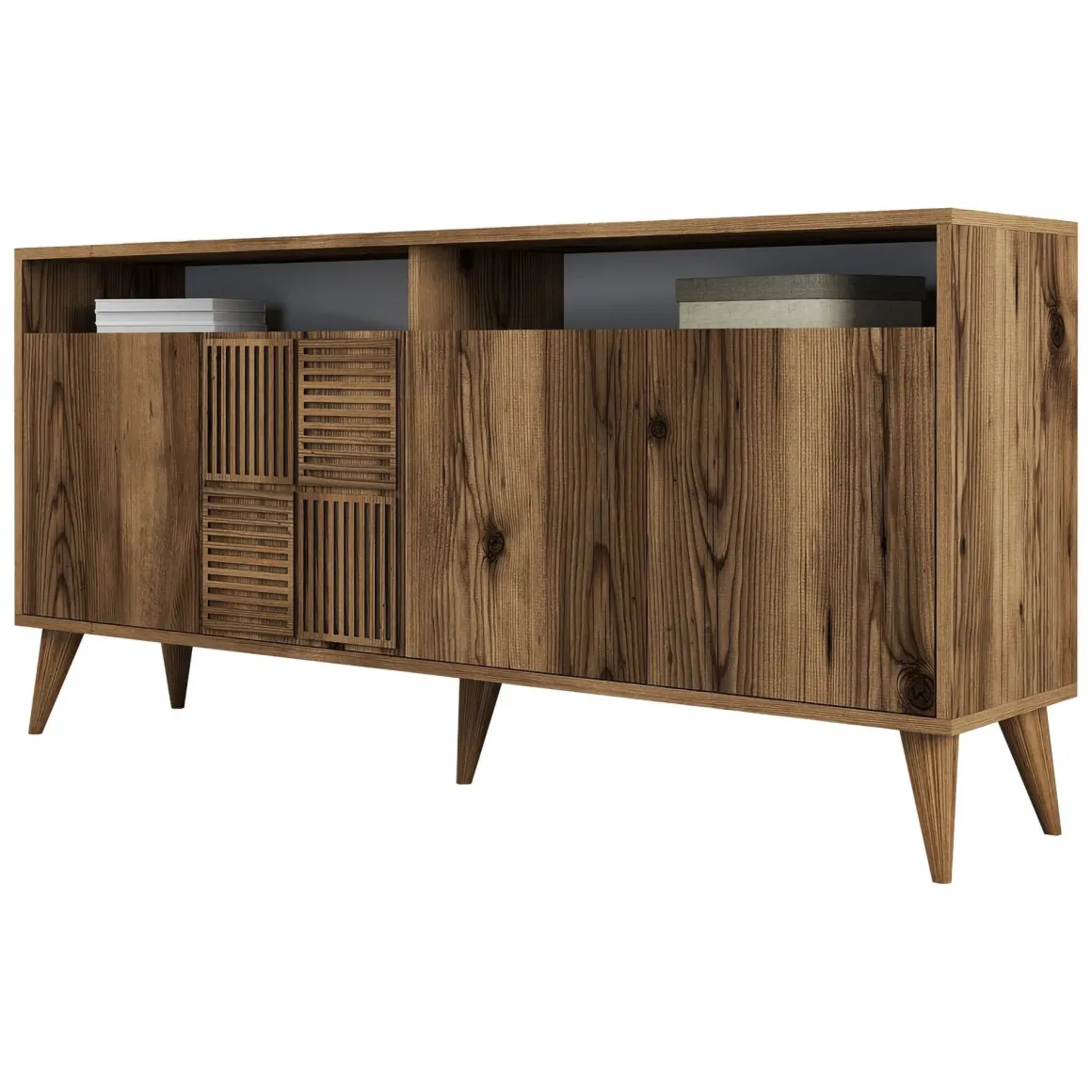 Credenza Marrone Noce 2 Ripiani 4 Ante 160x35x78h cm, 6 Vani - Thuile