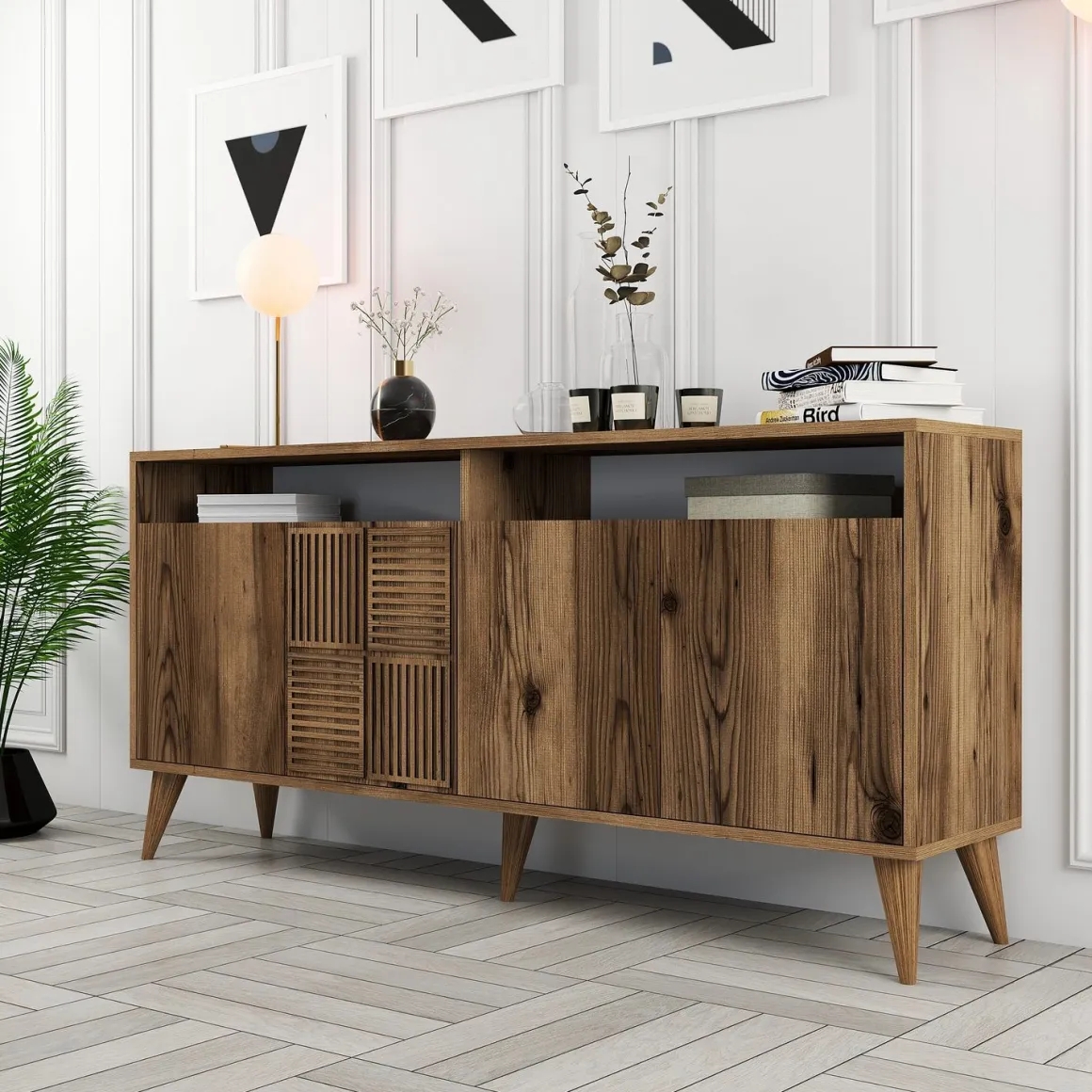 Credenza Marrone Noce 2 Ripiani 4 Ante 160x35x78h cm, 6 Vani - Thuile