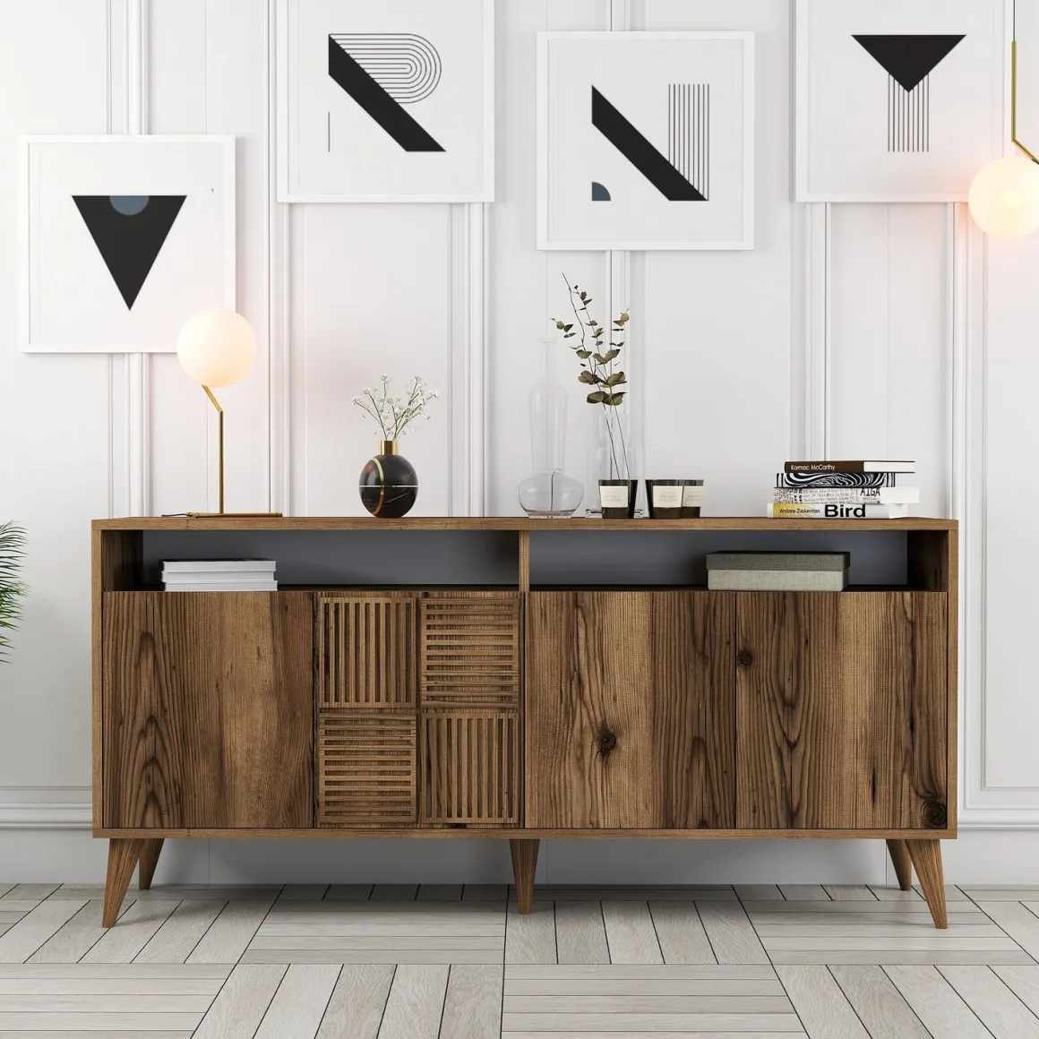 Credenza Marrone Noce 2 Ripiani 4 Ante 160x35x78h cm, 6 Vani - Thuile