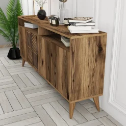 Credenza Marrone Noce 2 Ripiani 4 Ante 160x35x78h cm, 6 Vani - Thuile