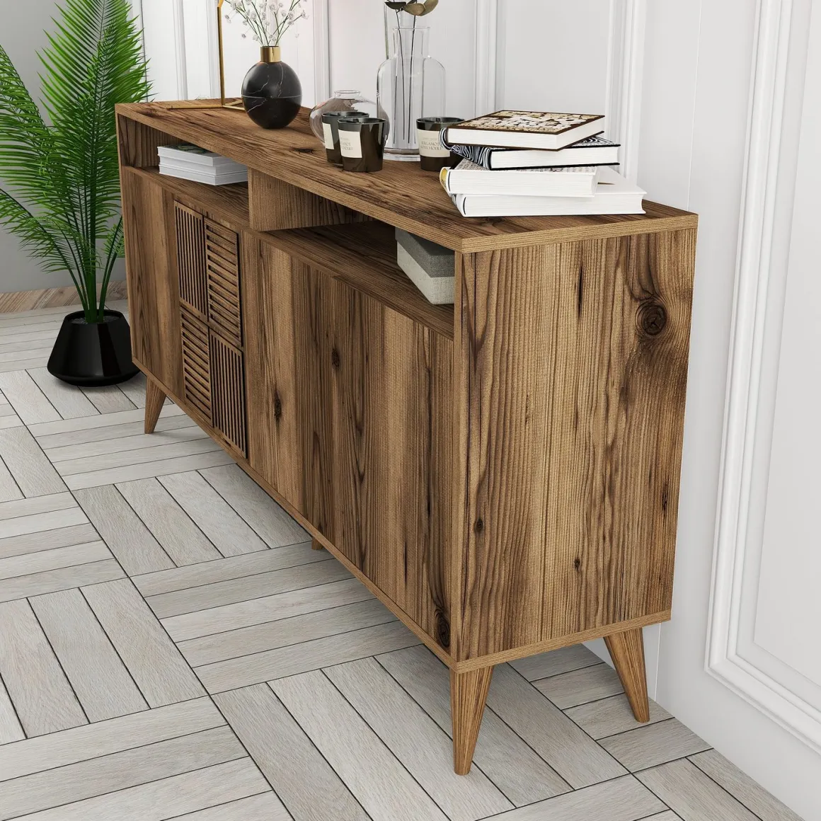 Credenza Marrone Noce 2 Ripiani 4 Ante 160x35x78h cm, 6 Vani - Thuile