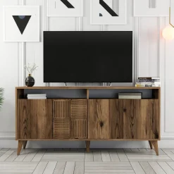 Credenza Marrone Noce 2 Ripiani 4 Ante 160x35x78h cm, 6 Vani - Thuile