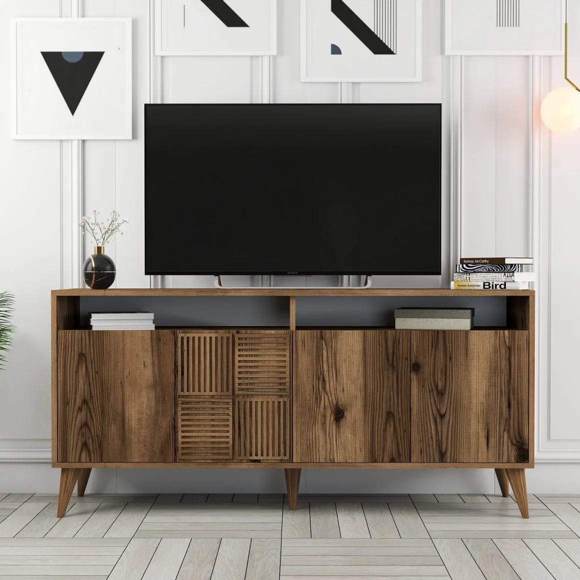Credenza Marrone Noce 2 Ripiani 4 Ante 160x35x78h cm, 6 Vani - Thuile