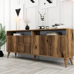 Madie|Credenze > Dmora Credenza 2 Ripiani 4 Ante 60x31x140h cm, 5 Vani - Sestu Marrone Noce