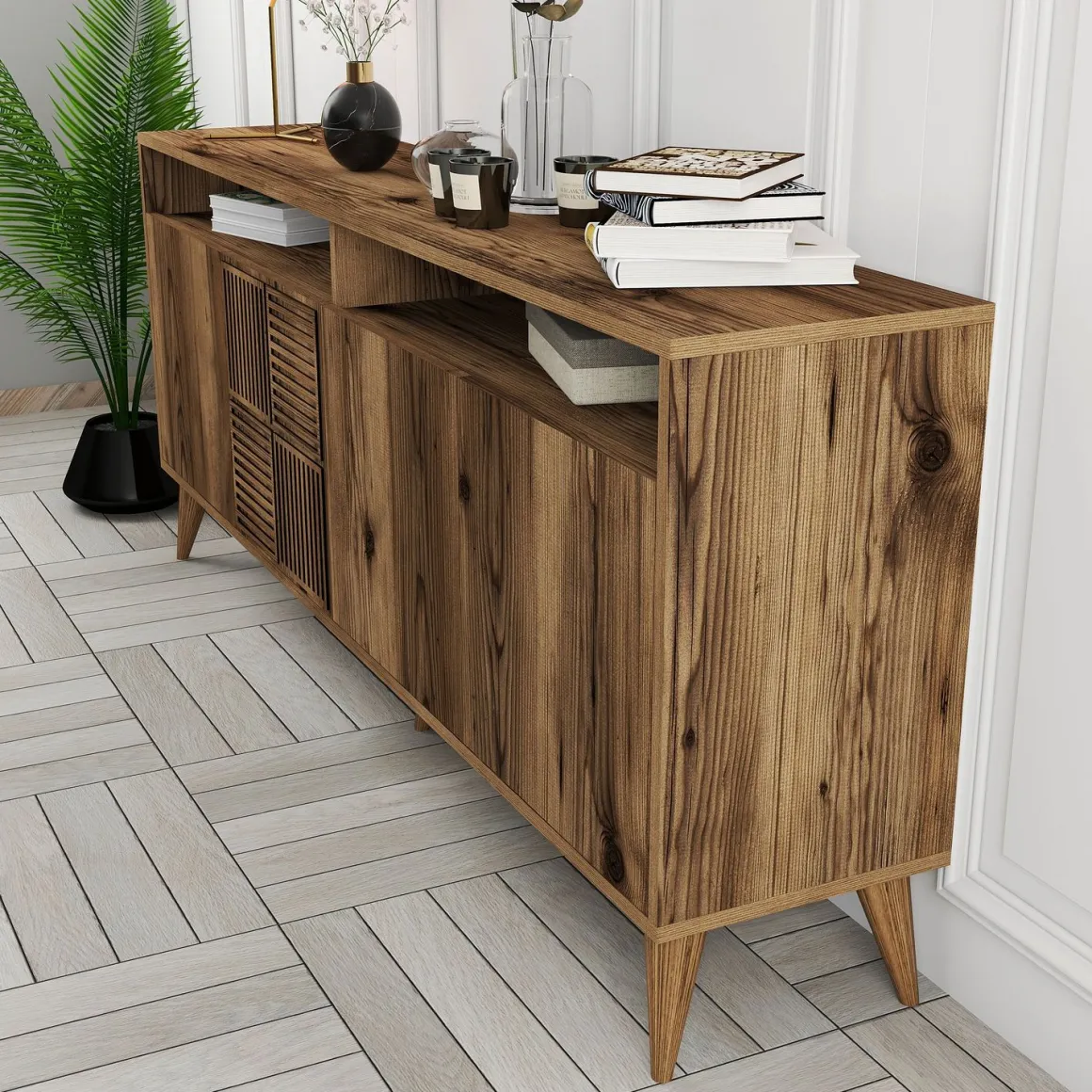 Credenza Marrone Noce 2 Ripiani 4 Ante 180x35x78h cm, 6 Vani - Falzes