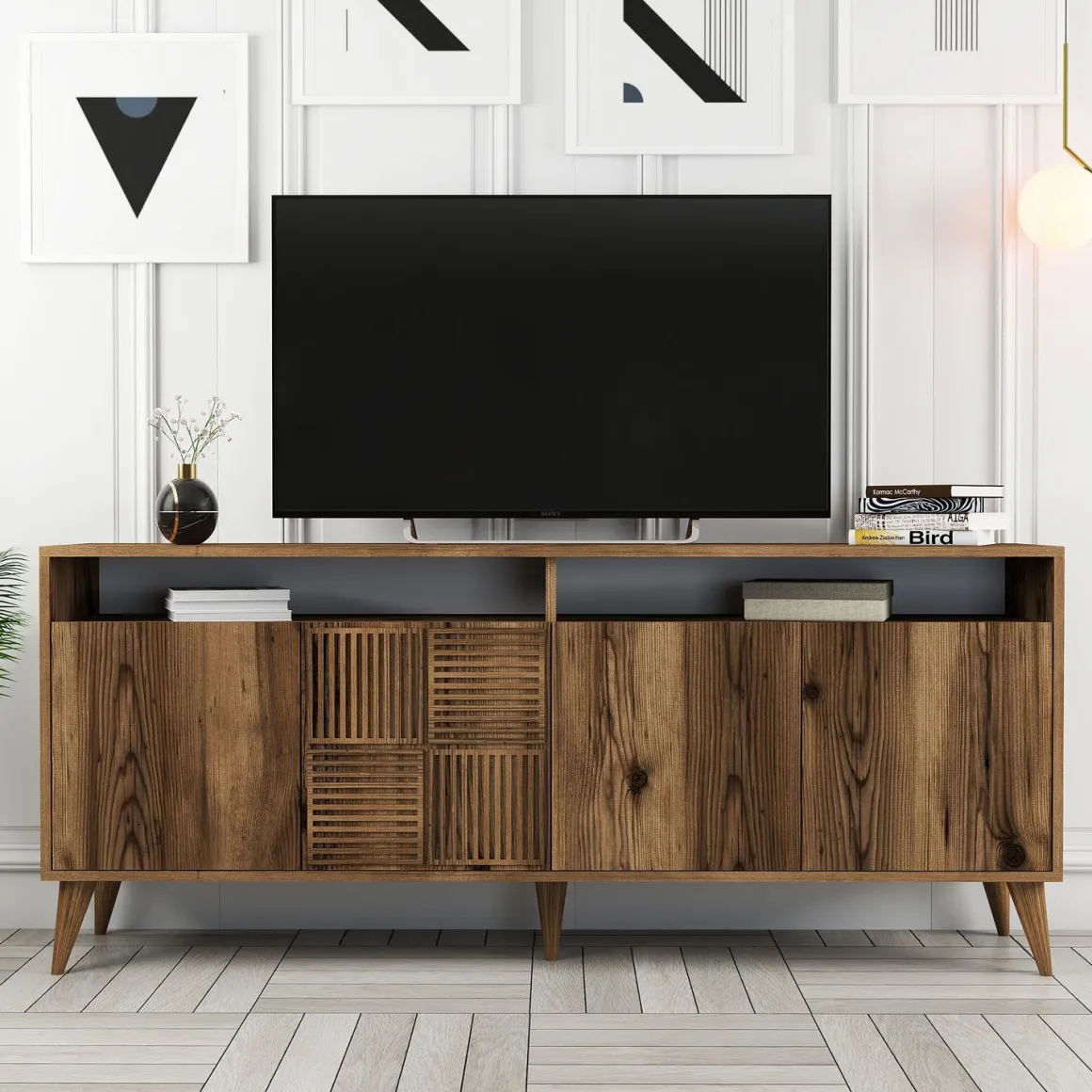 Credenza Marrone Noce 2 Ripiani 4 Ante 180x35x78h cm, 6 Vani - Falzes