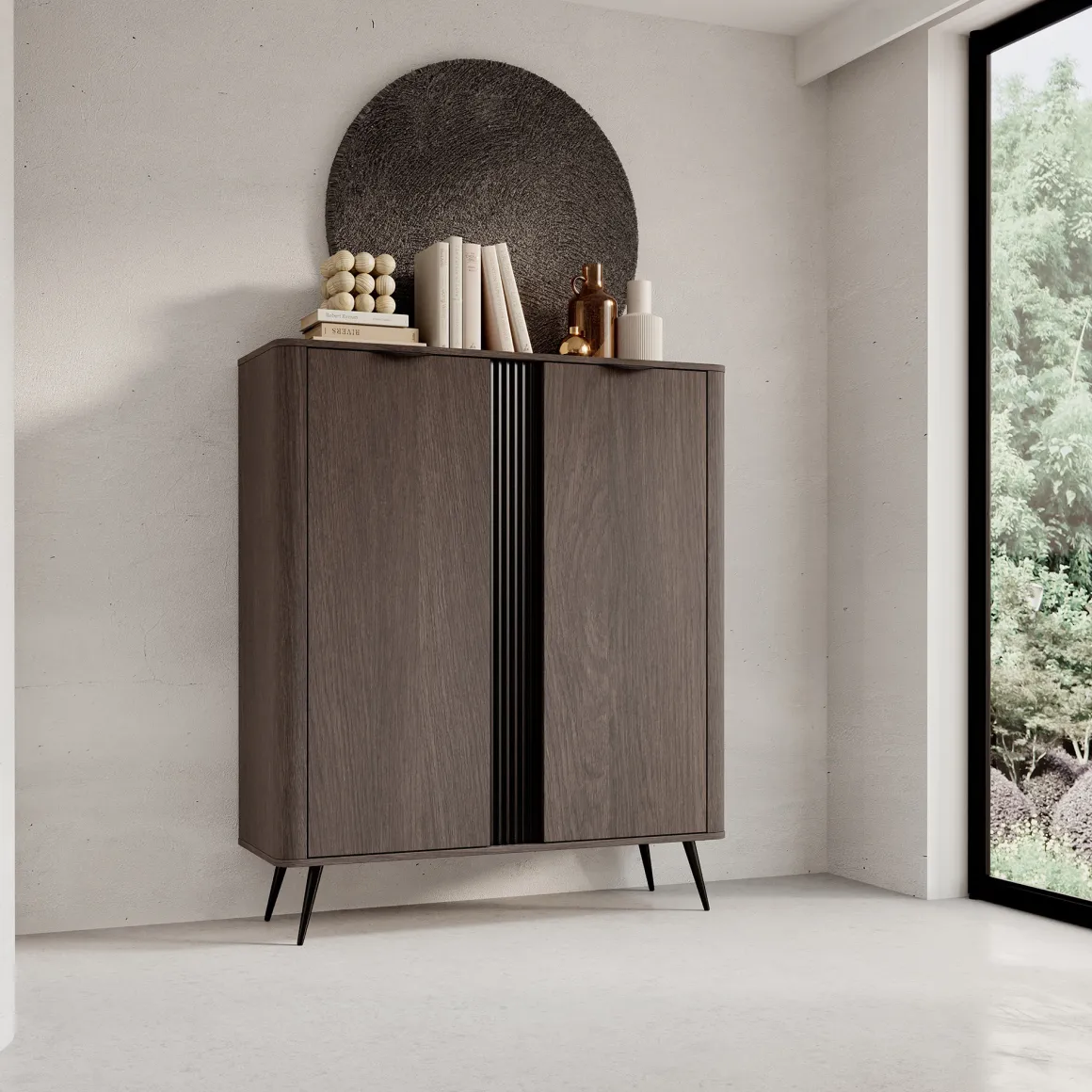 Credenza Marrone Noce 2 Ripiani Apertura Battente 113x38x134h cm, 2 Ante - Hazamale