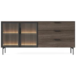 Credenze > Dmora Credenza Marrone Noce Trasparente 3 Cassetti un Ripiano 181x39x83h cm, Apertura Battente, Scorrevole - Hara Trasparente, Marrone Noce