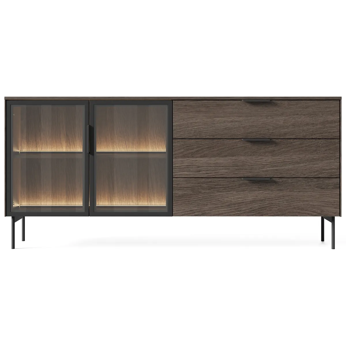 Credenze > Dmora Credenza Marrone Noce Trasparente 3 Cassetti un Ripiano 181x39x83h cm, Apertura Battente, Scorrevole - Hara Trasparente, Marrone Noce