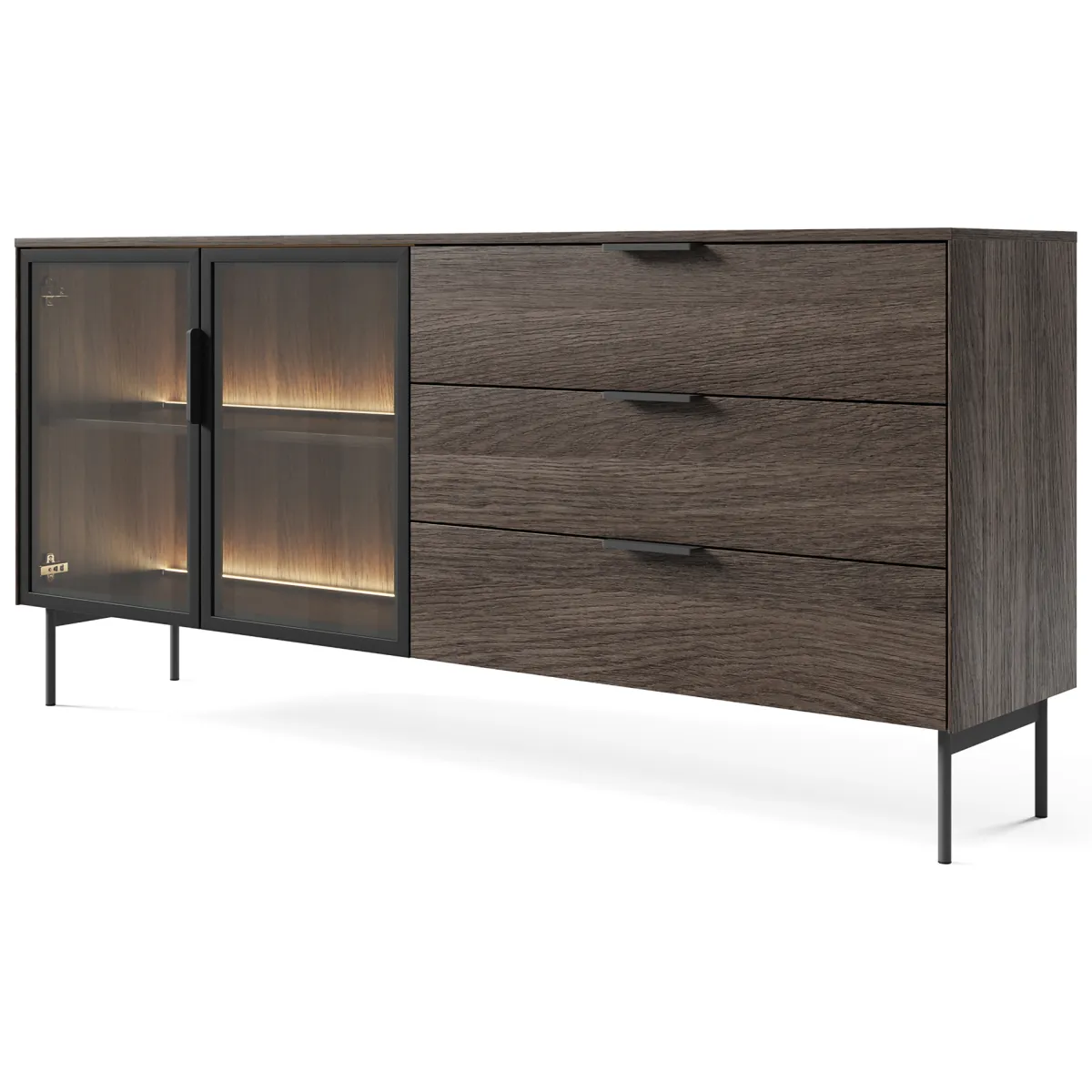 Credenze > Dmora Credenza Marrone Noce Trasparente 3 Cassetti un Ripiano 181x39x83h cm, Apertura Battente, Scorrevole - Hara Trasparente, Marrone Noce