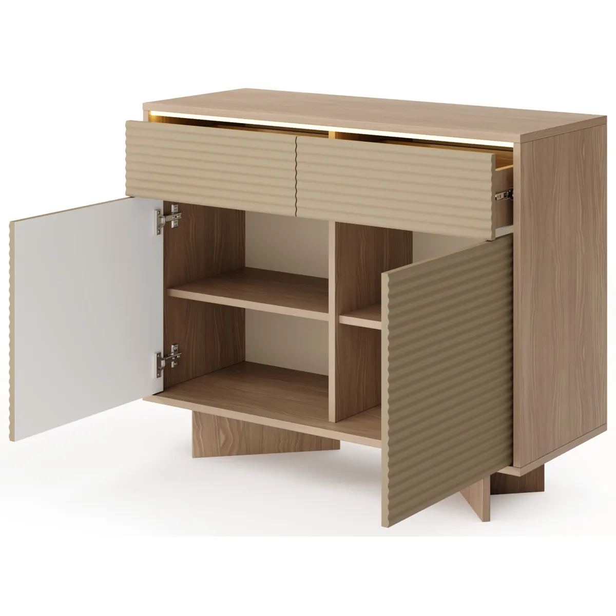 Credenze > Dmora Credenza Marrone Rovere Beige 2 Cassetti 2 Ripiani 104x40x84h cm, Apertura Battente, Scorrevole - Hateva Beige, Marrone Rovere