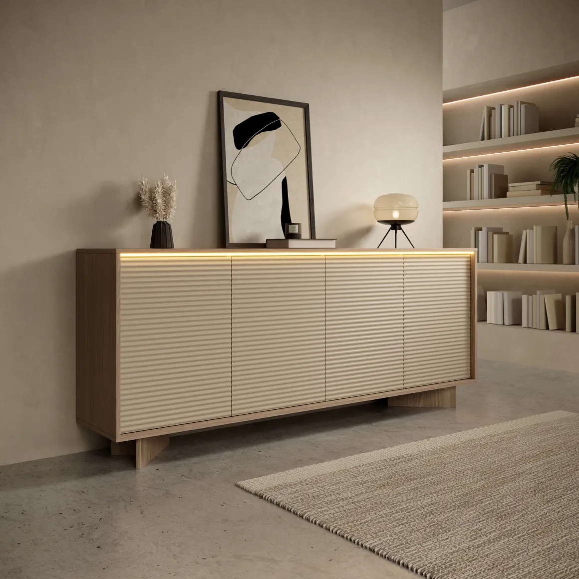 Credenza Marrone Rovere Beige 4 Ripiani Apertura Battente 204x40x84h cm, 4 Ante - Hataga