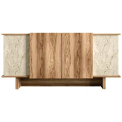 Madie|Credenze > Dmora Credenza Marrone Rovere Beige Marmo 3 Ripiani 4 Ante 180x40x81h cm, 6 Vani - Coste Beige Marmo, Marrone Rovere