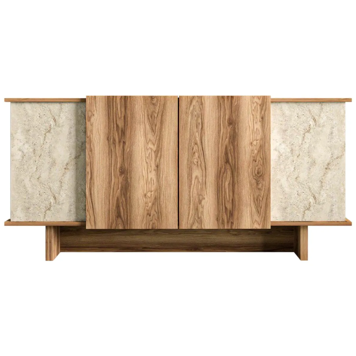 Madie|Credenze > Dmora Credenza Marrone Rovere Beige Marmo 3 Ripiani 4 Ante 180x40x81h cm, 6 Vani - Coste Beige Marmo, Marrone Rovere
