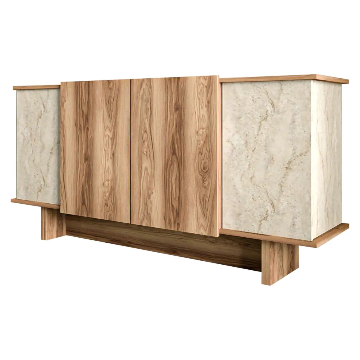 Madie|Credenze > Dmora Credenza Marrone Rovere Beige Marmo 3 Ripiani 4 Ante 180x40x81h cm, 6 Vani - Coste Beige Marmo, Marrone Rovere